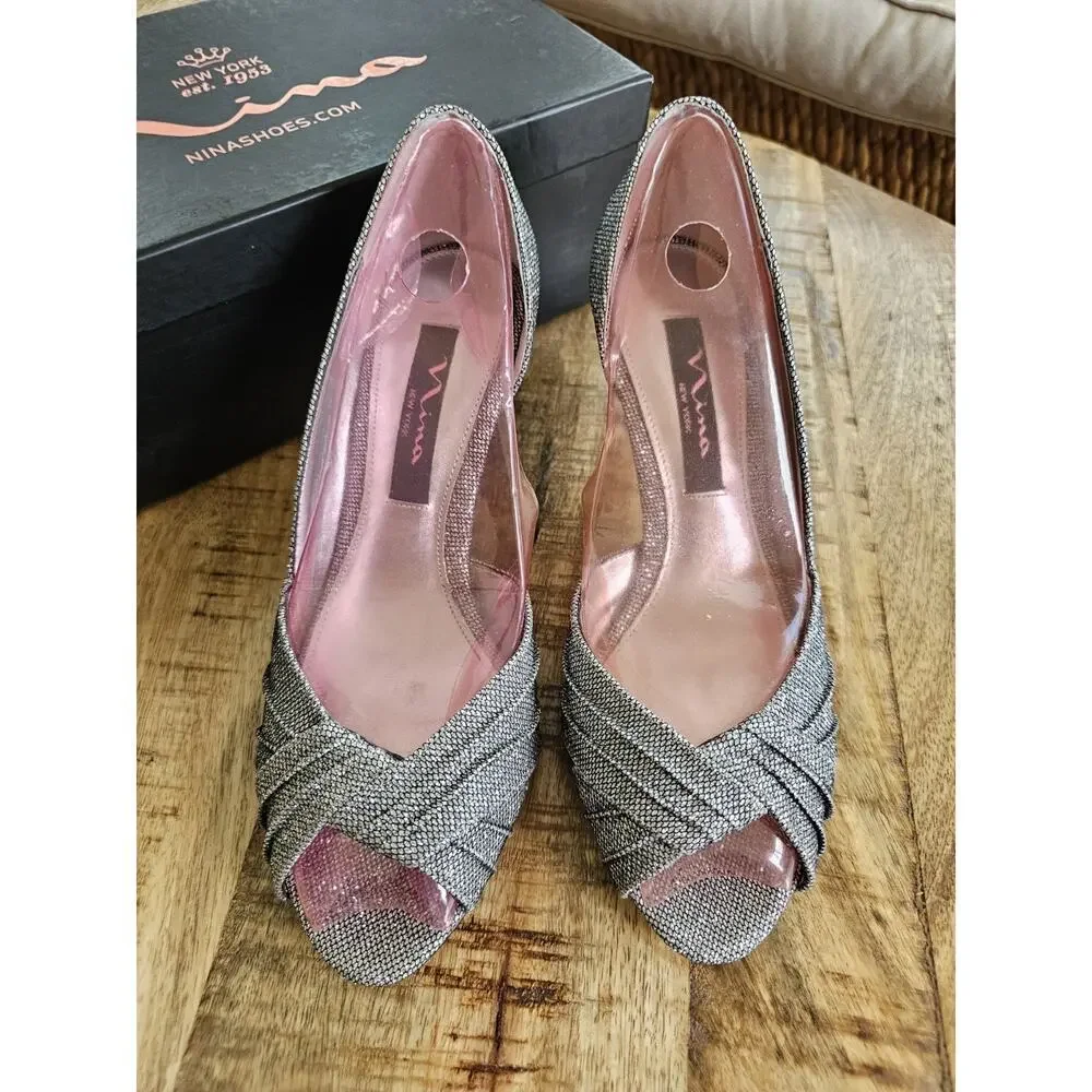 Nina Women's Carrie d'Orsay Pumps Steel Luna Shine Silver‎ Size 7M EUC
